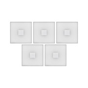 Set of five square ceiling lights with white glass and silver metal center for modern indoor lighting