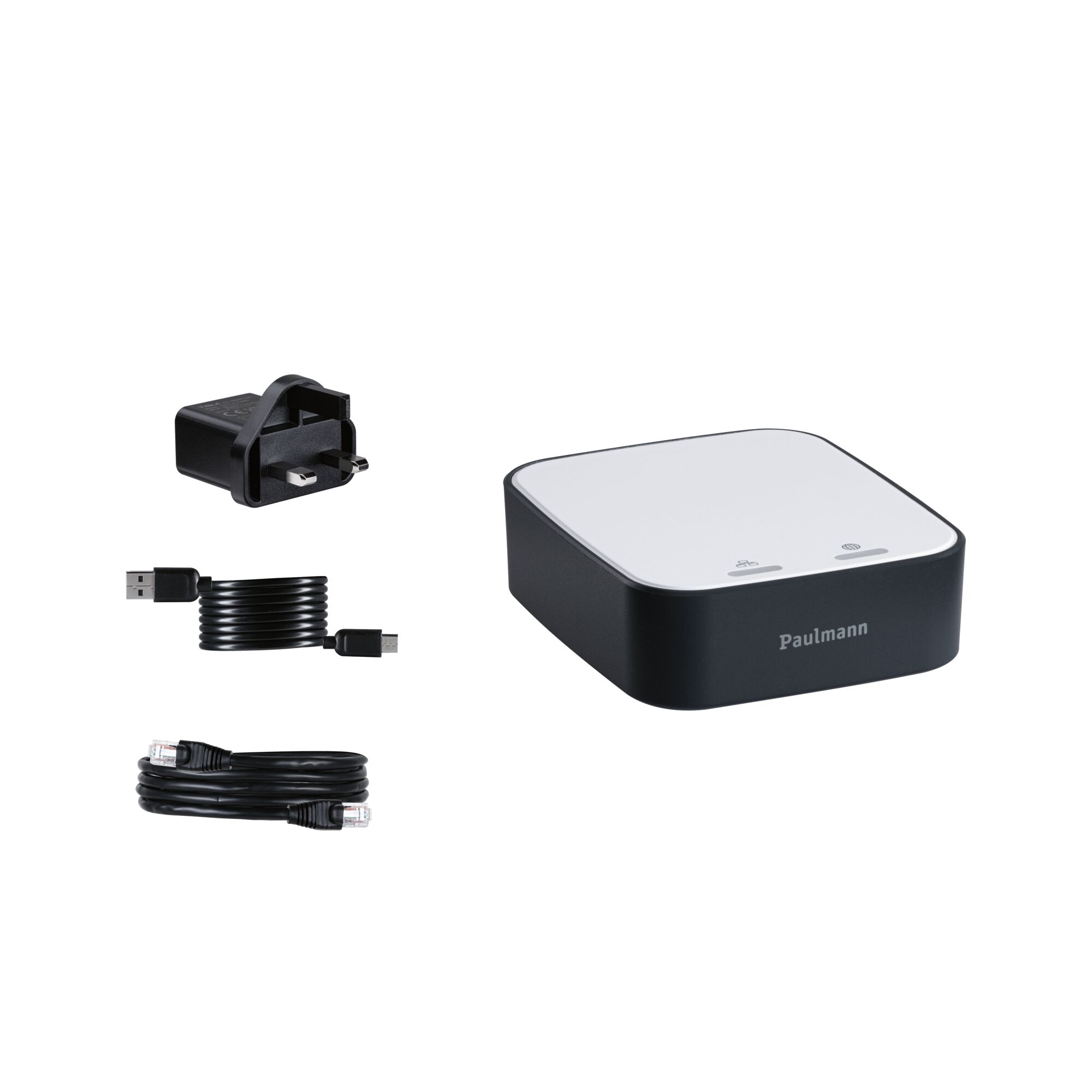 Paulmann black and white control unit with power adapter, USB and Ethernet cables for lighting control