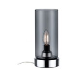 Modern table lamp with smoked glass cylinder and chrome metal base, LED light fixture