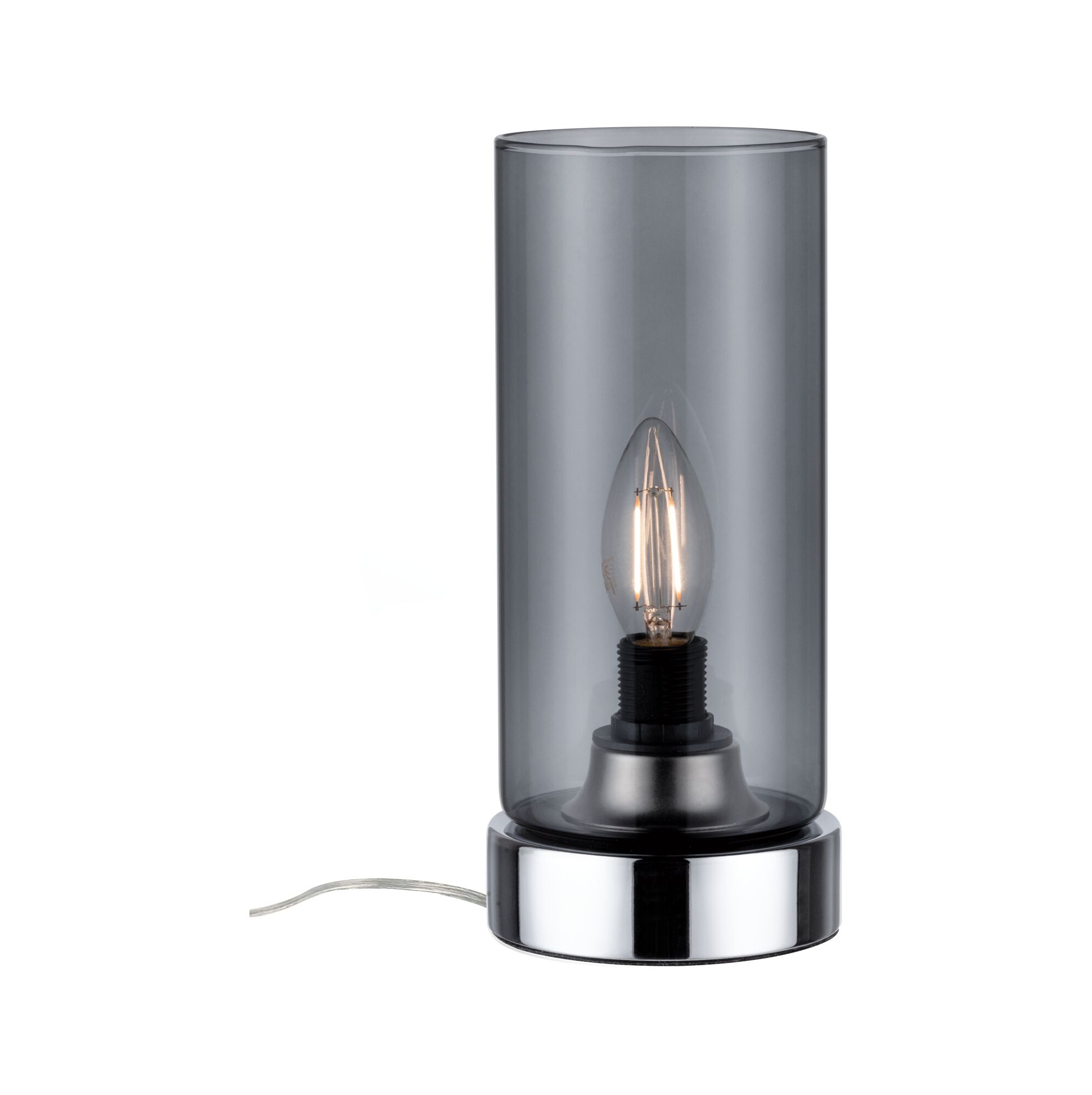 Modern table lamp with smoked glass cylinder and chrome metal base, LED light fixture