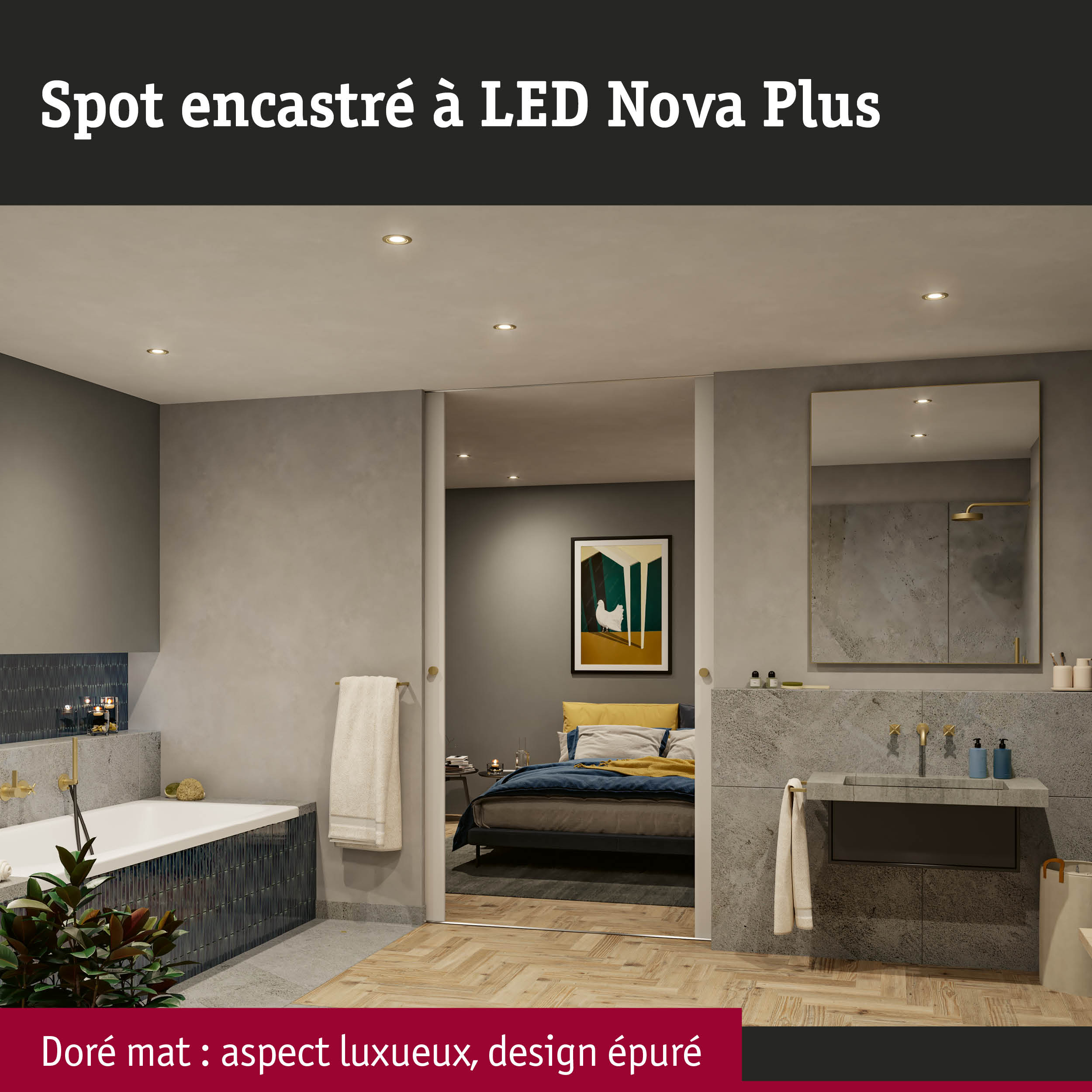 Spots LED encastrés dorés mats dans salle de bain moderne avec carrelage gris et sol en bois