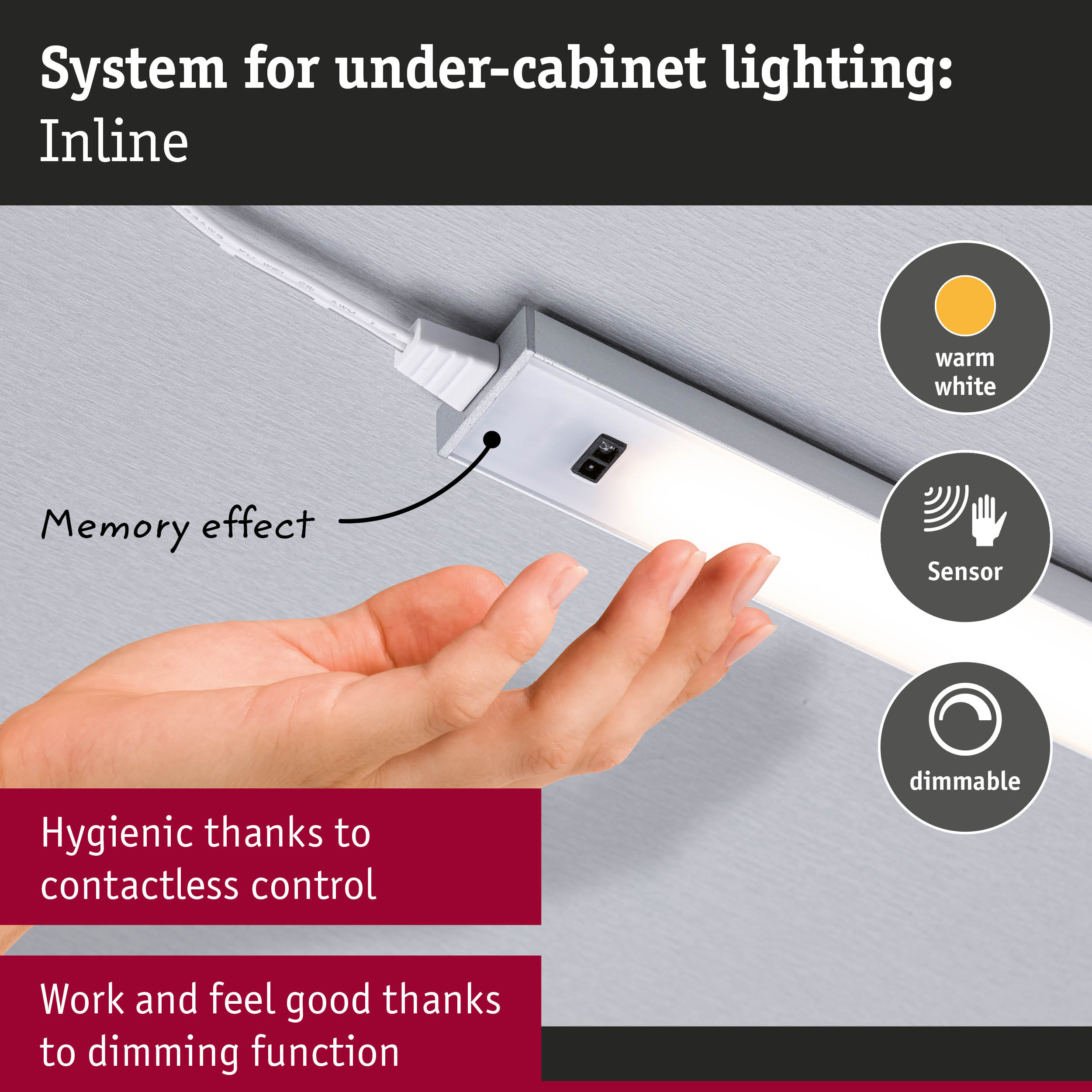 Inline under-cabinet light in aluminium with warm white LED, sensor and dimmable feature for kitchen lighting