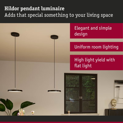 Hildor black pendant luminaire with flat design for uniform room lighting and modern interior