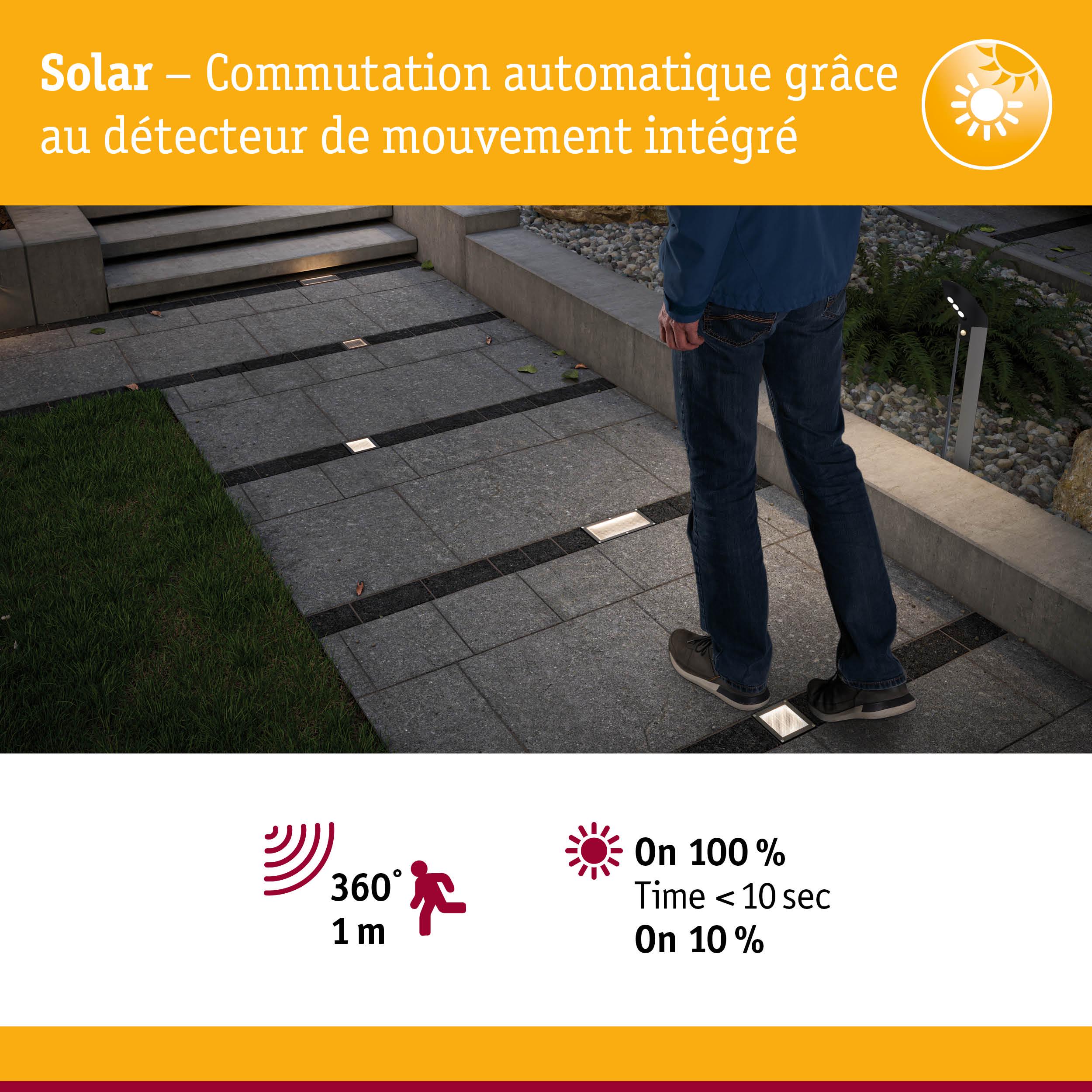 Éclairages solaires encastrés avec détecteur de mouvement éclairant un chemin en dalles grises et bandes noires.