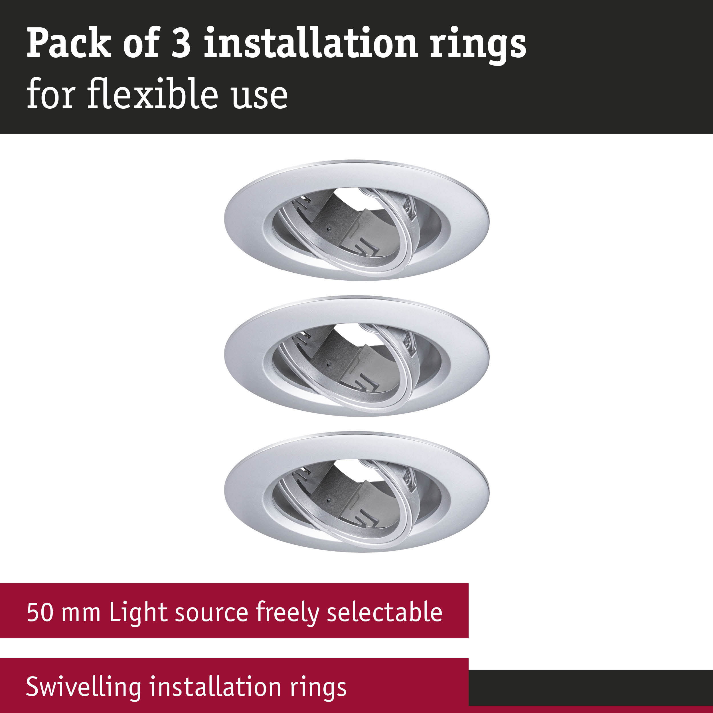 Pack of 3 white metal swivel installation rings for flexible LED lighting solutions