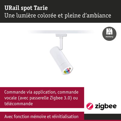 Spot URail Tarie blanc avec lumière colorée et commande Zigbee pour éclairage intelligent