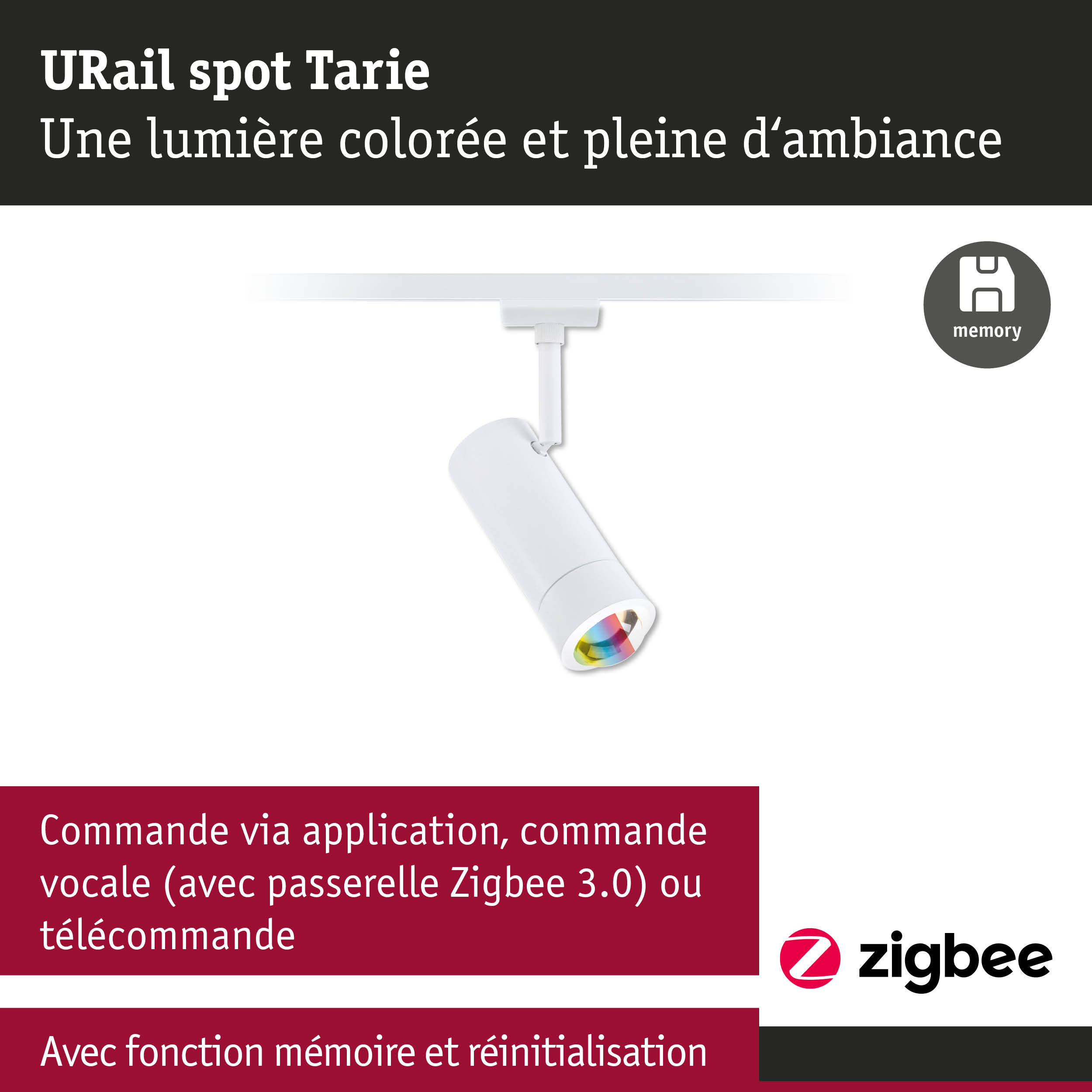Spot URail Tarie blanc en métal avec lumière colorée et commande Zigbee pour éclairage intelligent