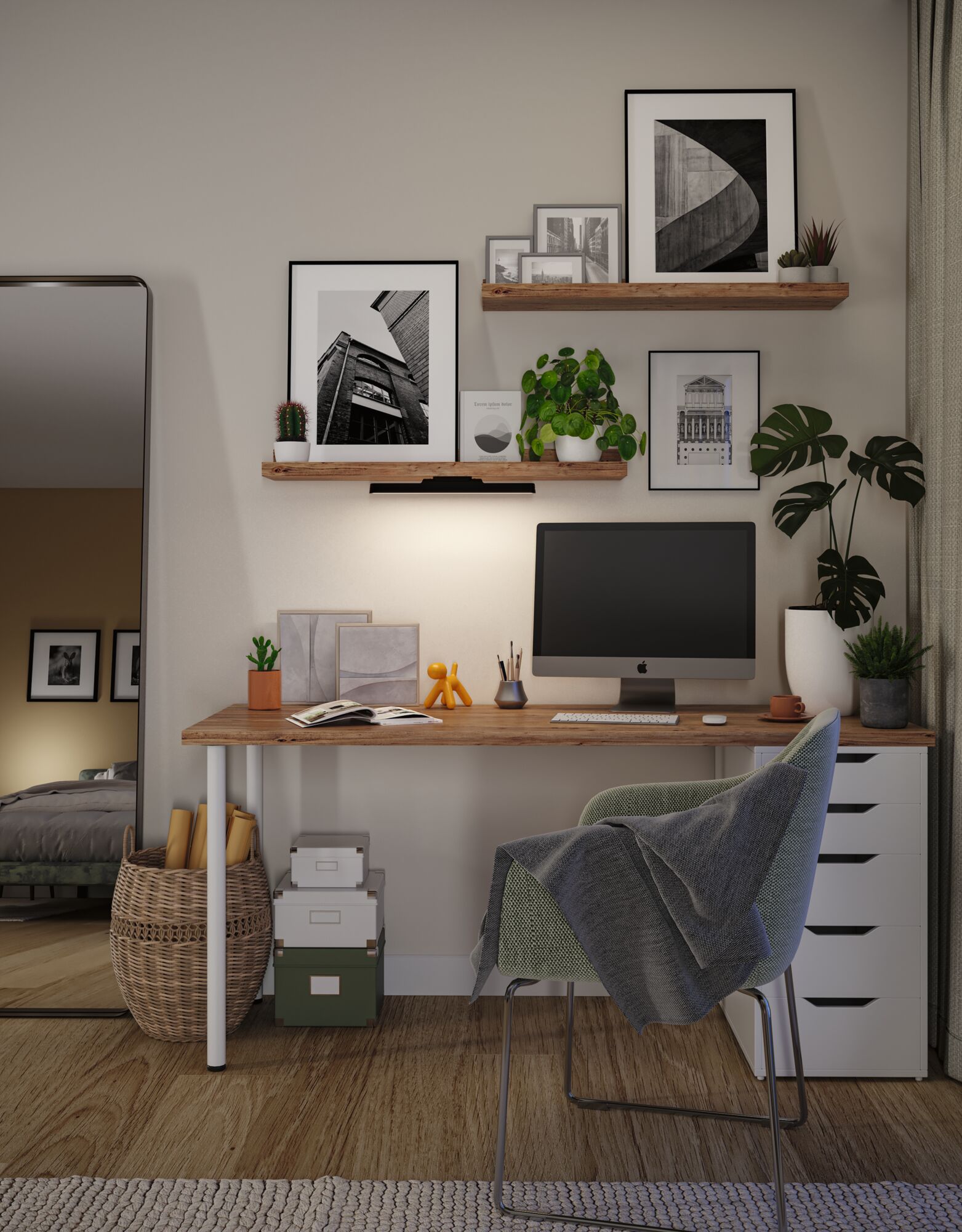 Moderne werkplek met houten bureau, groene stoel en minimalistische LED-wandlamp voor kantoorverlichting
