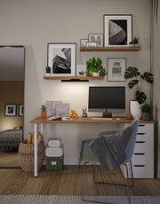Moderner Arbeitsbereich mit Holzschreibtisch, grünem Stuhl und minimalistischer LED-Wandleuchte für Bürobeleuchtung