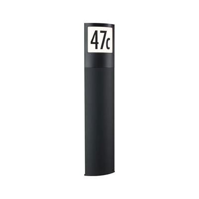 Black outdoor light with illuminated house number 47c on white panel, modern design