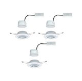 Three white LED recessed spotlights with metal brackets and cable connectors for energy-efficient lighting