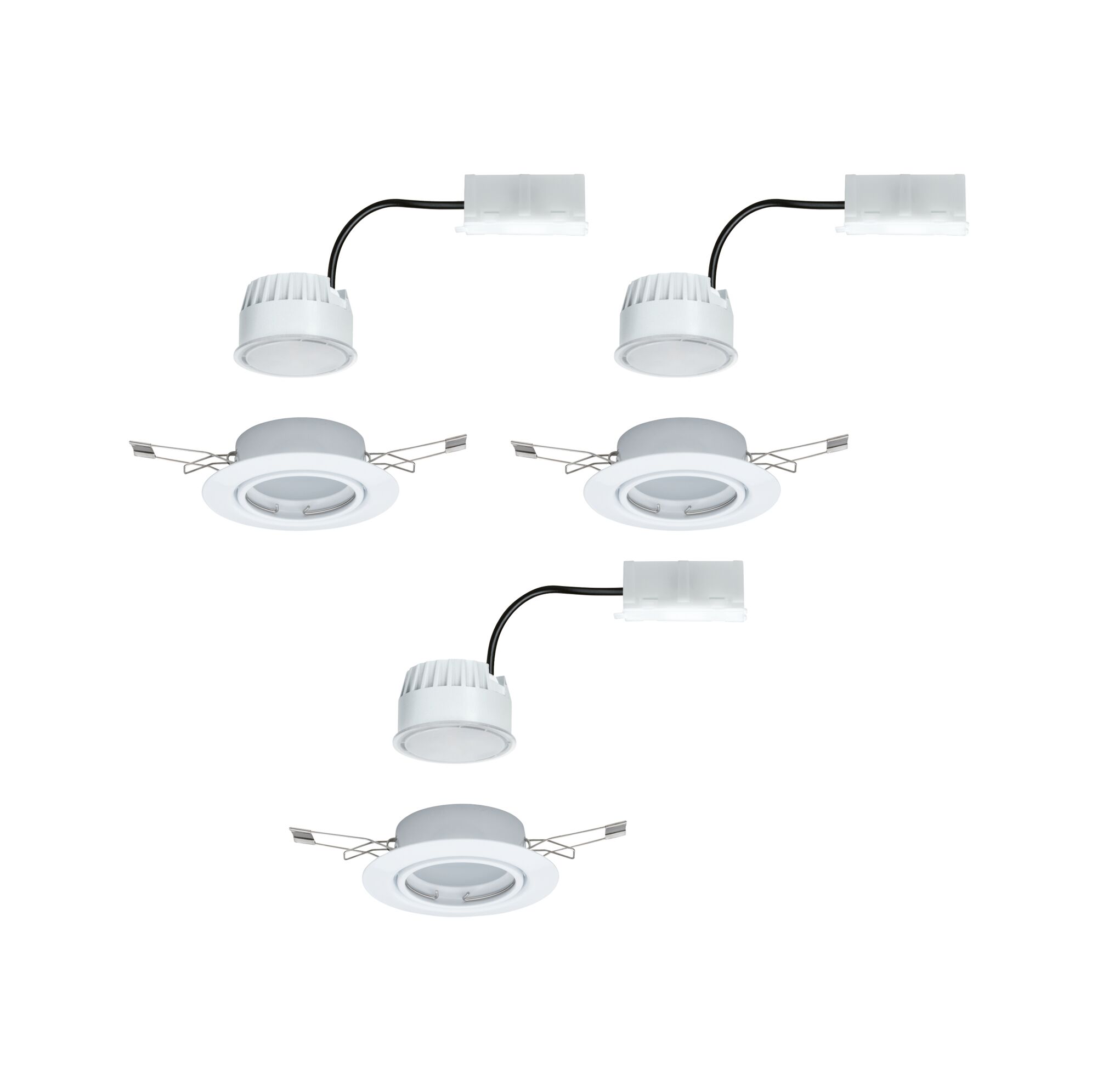 Three white LED recessed spotlights with metal brackets and cable connectors for energy-efficient lighting