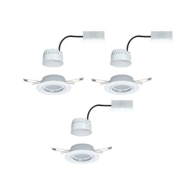 Three white LED recessed spotlights with metal brackets and cable connectors for energy-efficient lighting
