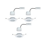 Three white LED recessed spotlights with metal brackets and cable connectors for energy-efficient lighting