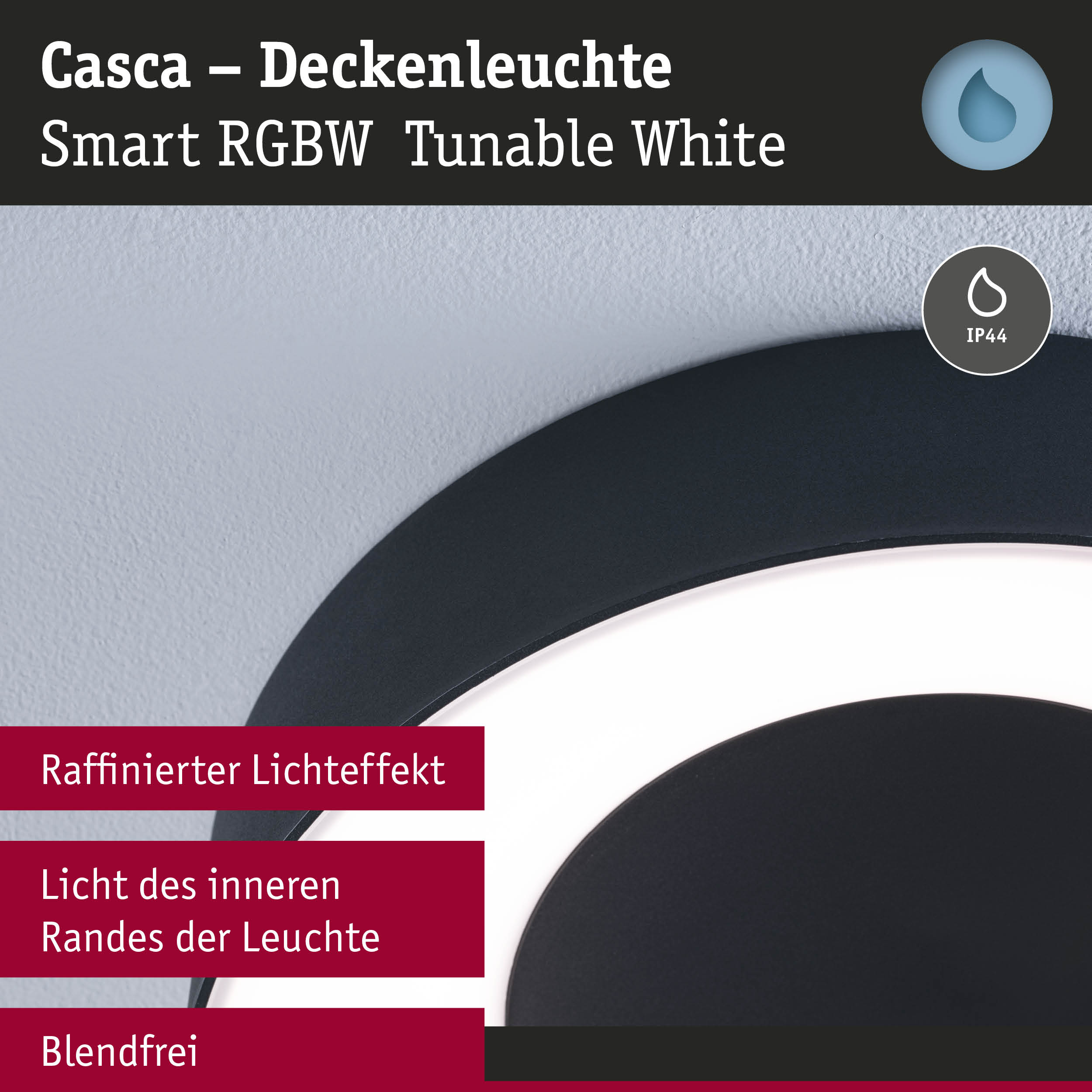 Casca Deckenleuchte in Schwarz mit smartem RGBW Licht und IP44 Schutz für blendfreies Raumlicht