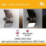 Schwarze Solar-Wandlampe mit Bewegungsmelder, wiederaufladbar per Solar oder USB-C, energiesparende Außenbeleuchtung