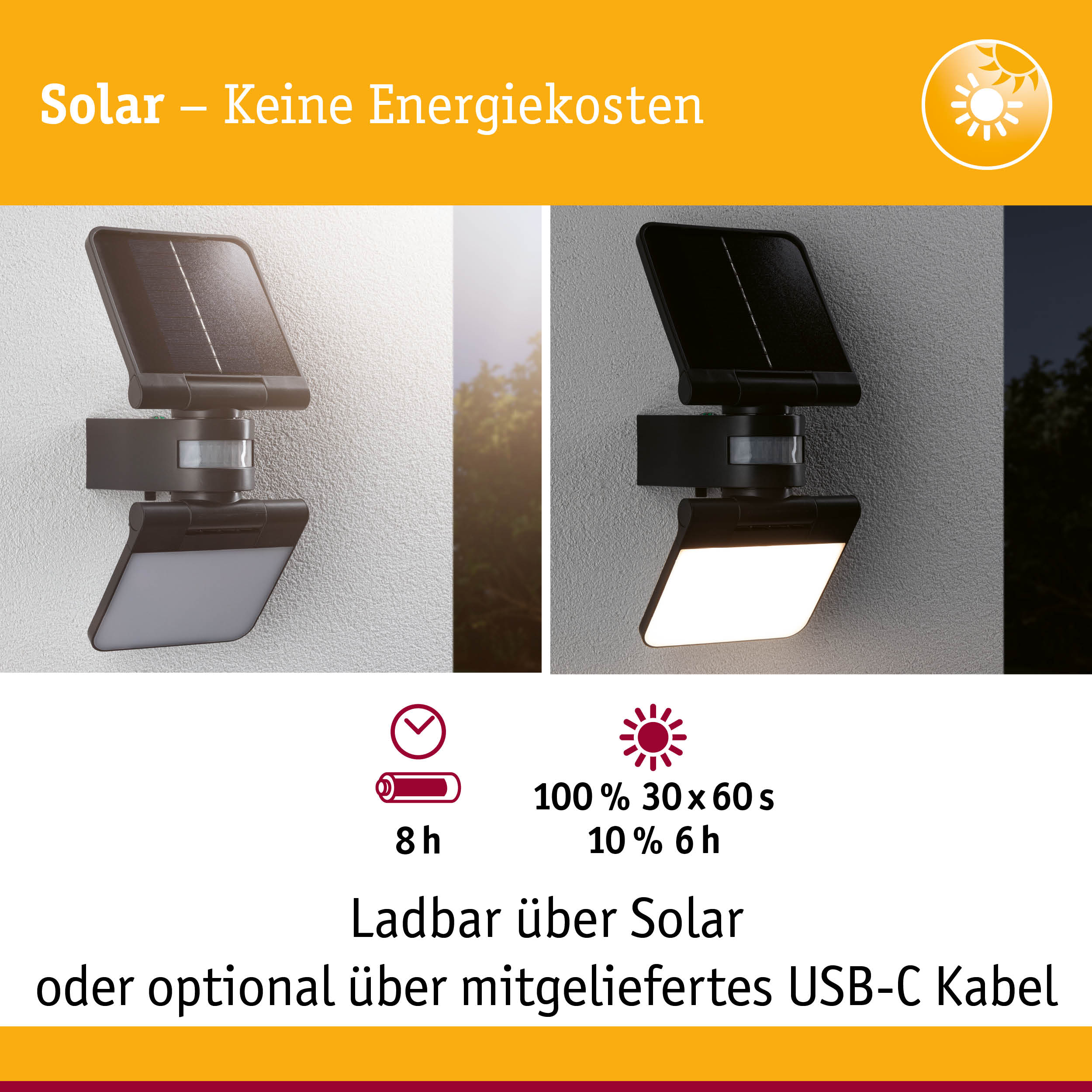 Schwarze Solarleuchte mit Bewegungssensor an Wand montiert, Tages- und Nachtansicht, energiesparende Außenbeleuchtung