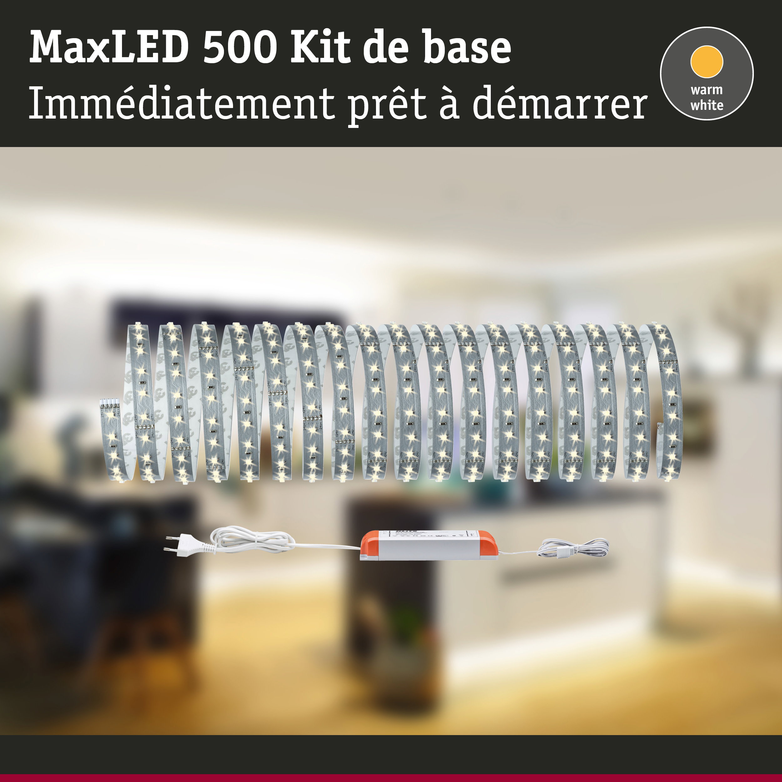 Kit MaxLED 500 bande LED lumière blanc chaud avec alimentation pour éclairage intérieur