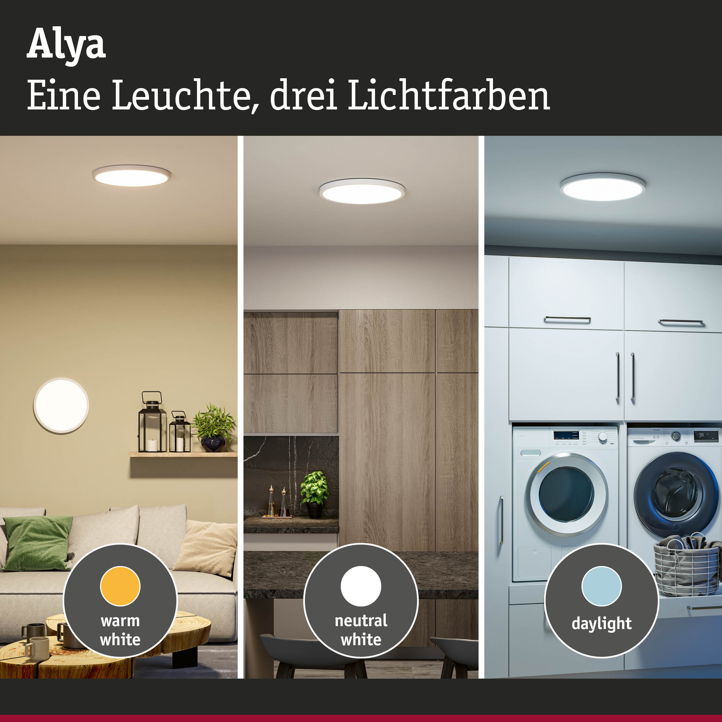 Alya Deckenleuchte in Weiß zeigt drei Lichtfarben warmweiß, neutralweiß und tageslicht für Wohnräume