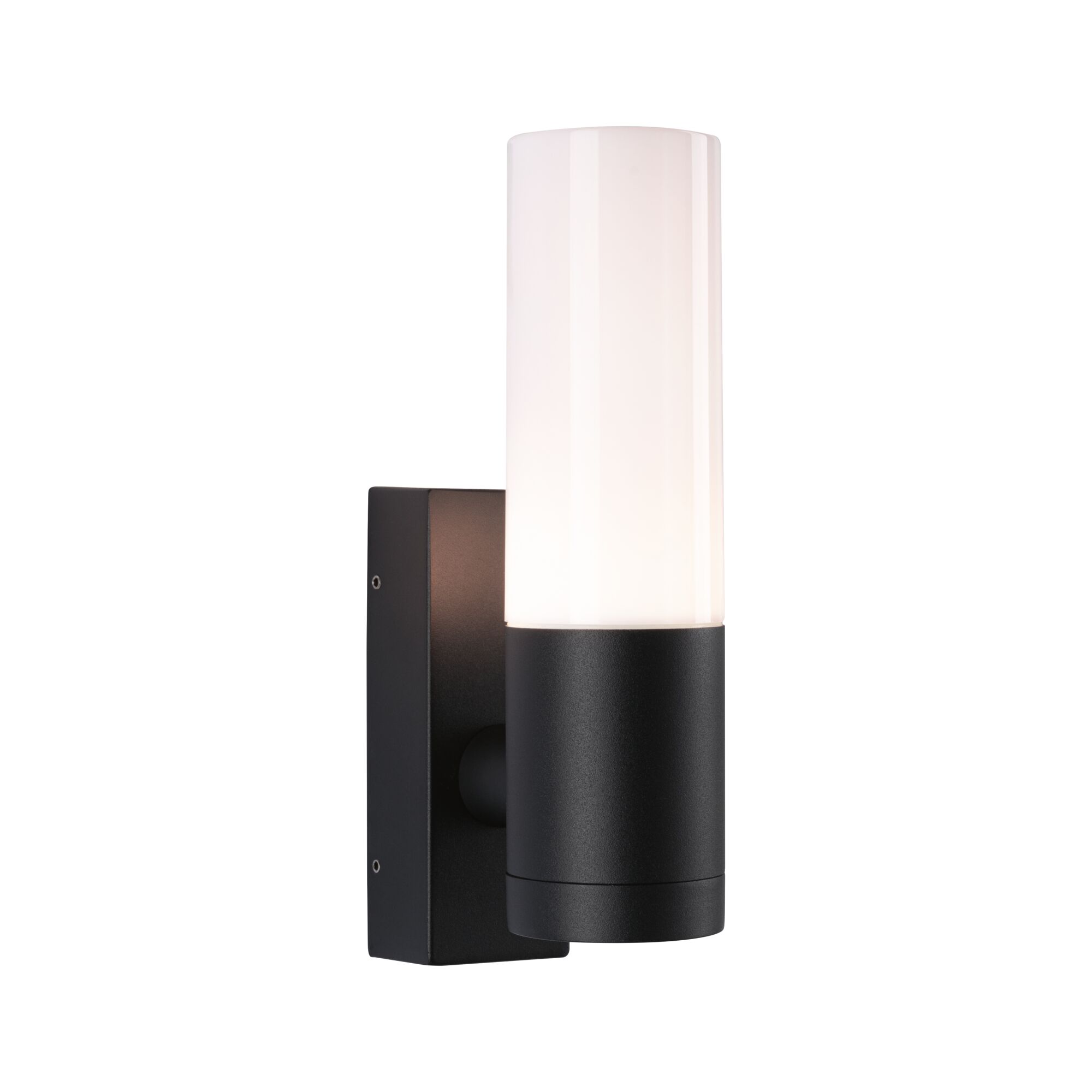 Modern black metal wall light with white glass cylinder for outdoor lighting