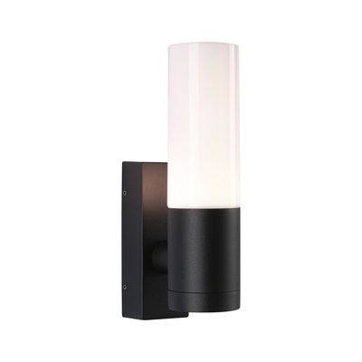 Modern black metal wall light with white glass cylinder for outdoor lighting