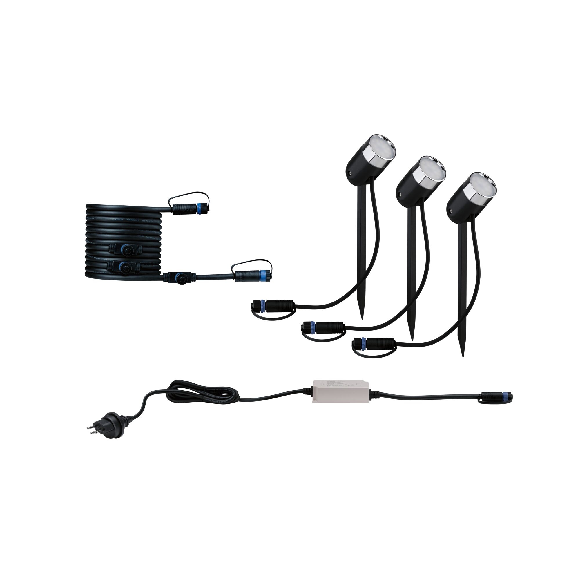 Set of three black LED garden spotlights with ground stakes and connection cable for outdoor lighting
