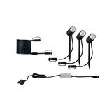 Set mit drei schwarzen LED-Gartenstrahlern mit Erdspießen und Anschlusskabel für Außenbeleuchtung