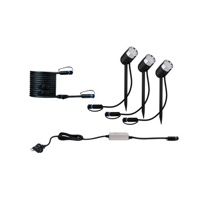 Set mit drei schwarzen LED-Gartenstrahlern mit Erdspießen und Anschlusskabel für Außenbeleuchtung