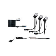 Set mit drei schwarzen LED-Gartenstrahlern mit Erdspießen und Anschlusskabel für Außenbeleuchtung