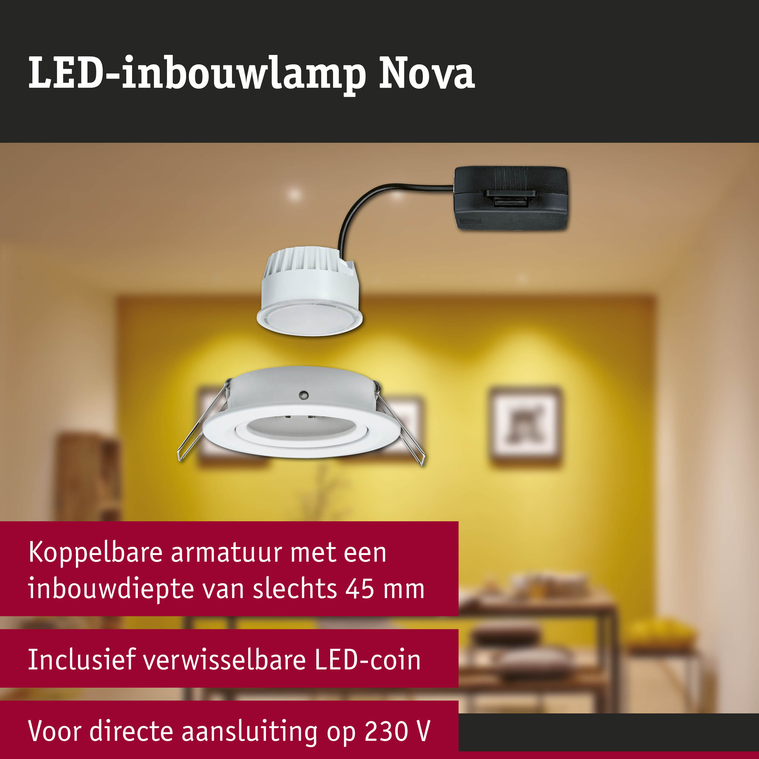 Witte LED-inbouwlamp Nova met zwarte kabel voor directe 230V aansluiting in woningverlichting