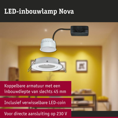 Witte LED-inbouwlamp Nova met zwarte kabel voor directe 230V aansluiting in woningverlichting