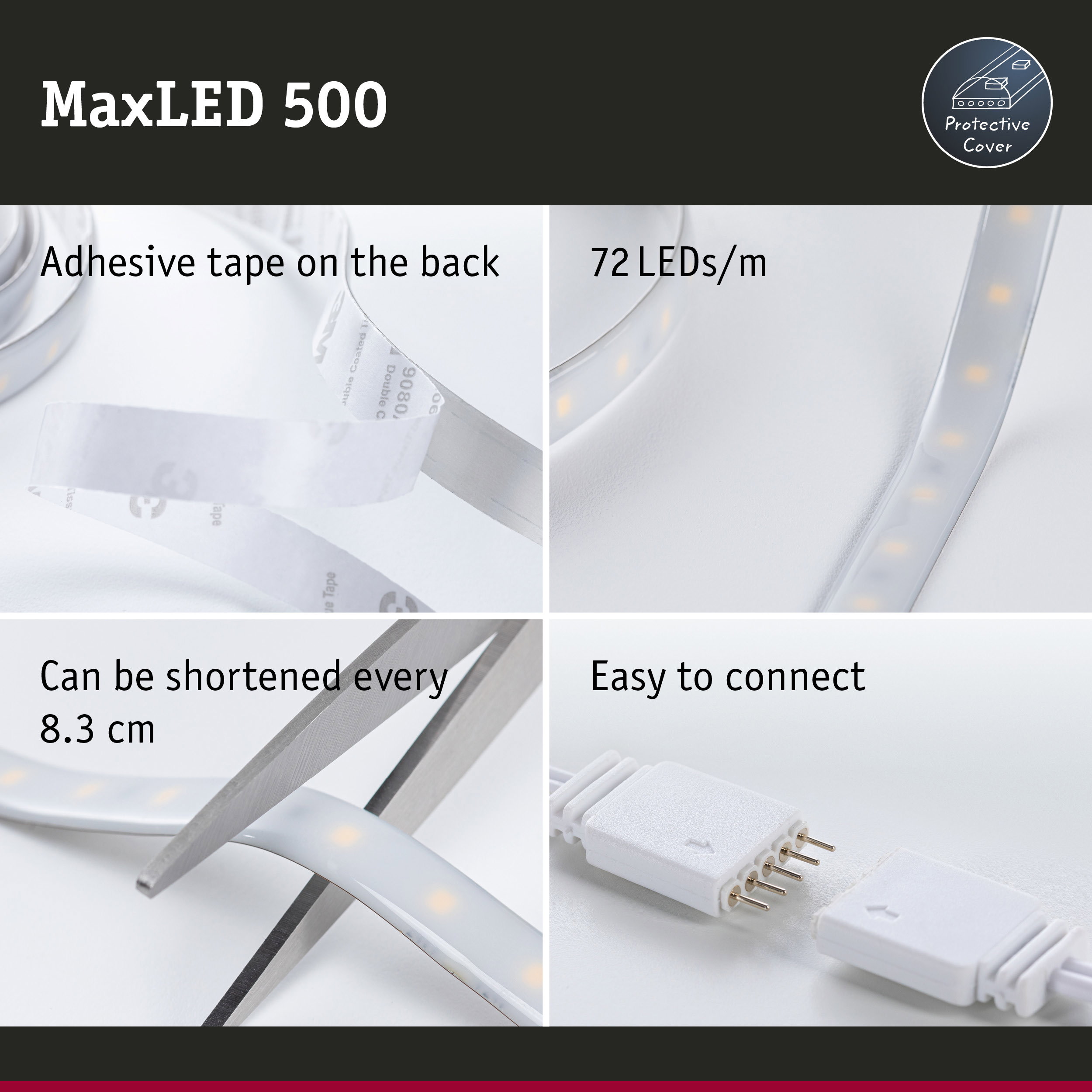 MaxLED 500 LED strip with adhesive tape, cuttable every 8.3 cm, easy to connect, white flexible LED lighting