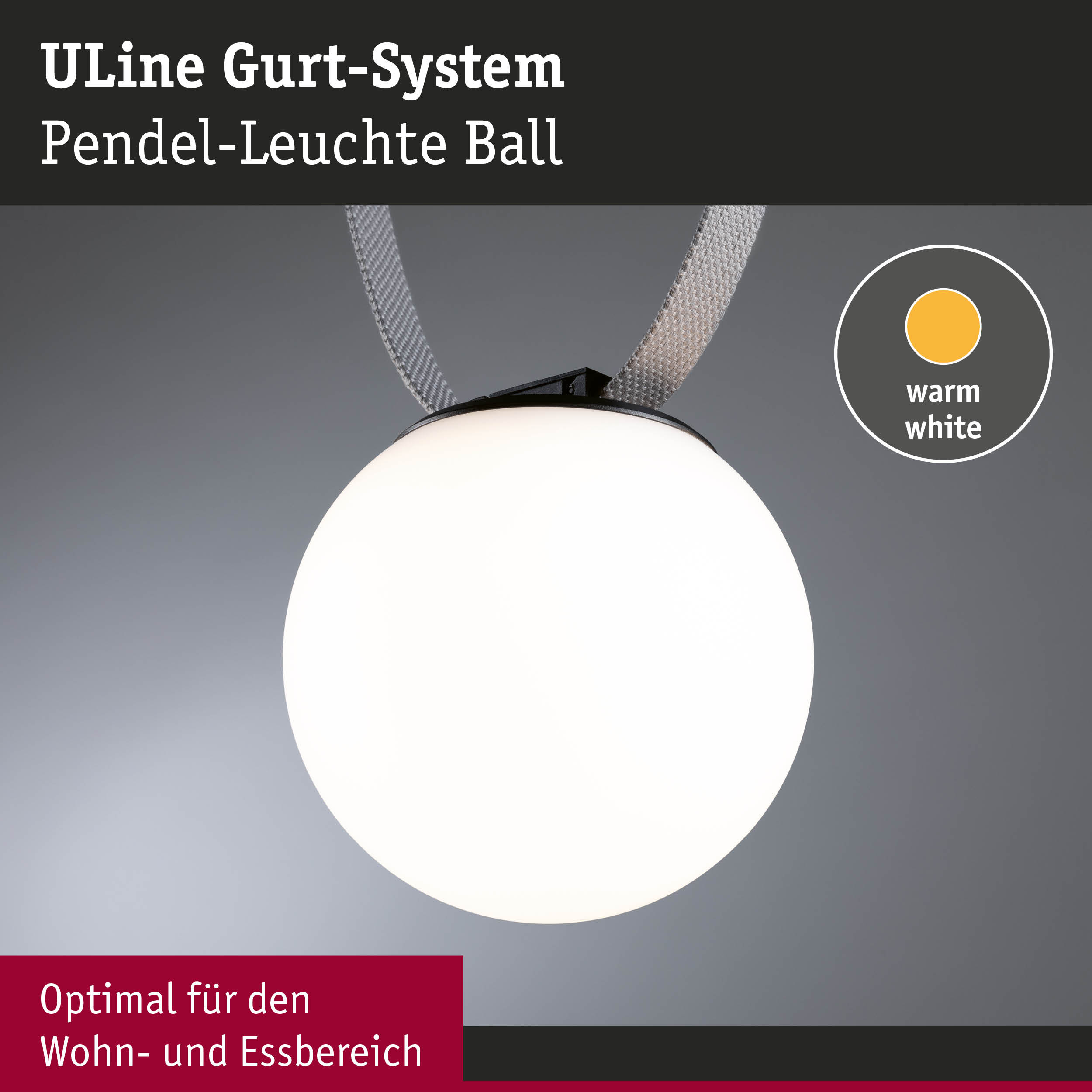 Uline Gurt-System Pendel-Leuchte Ball mit warmweißem Licht und weißem Glas für Wohn- und Essbereich