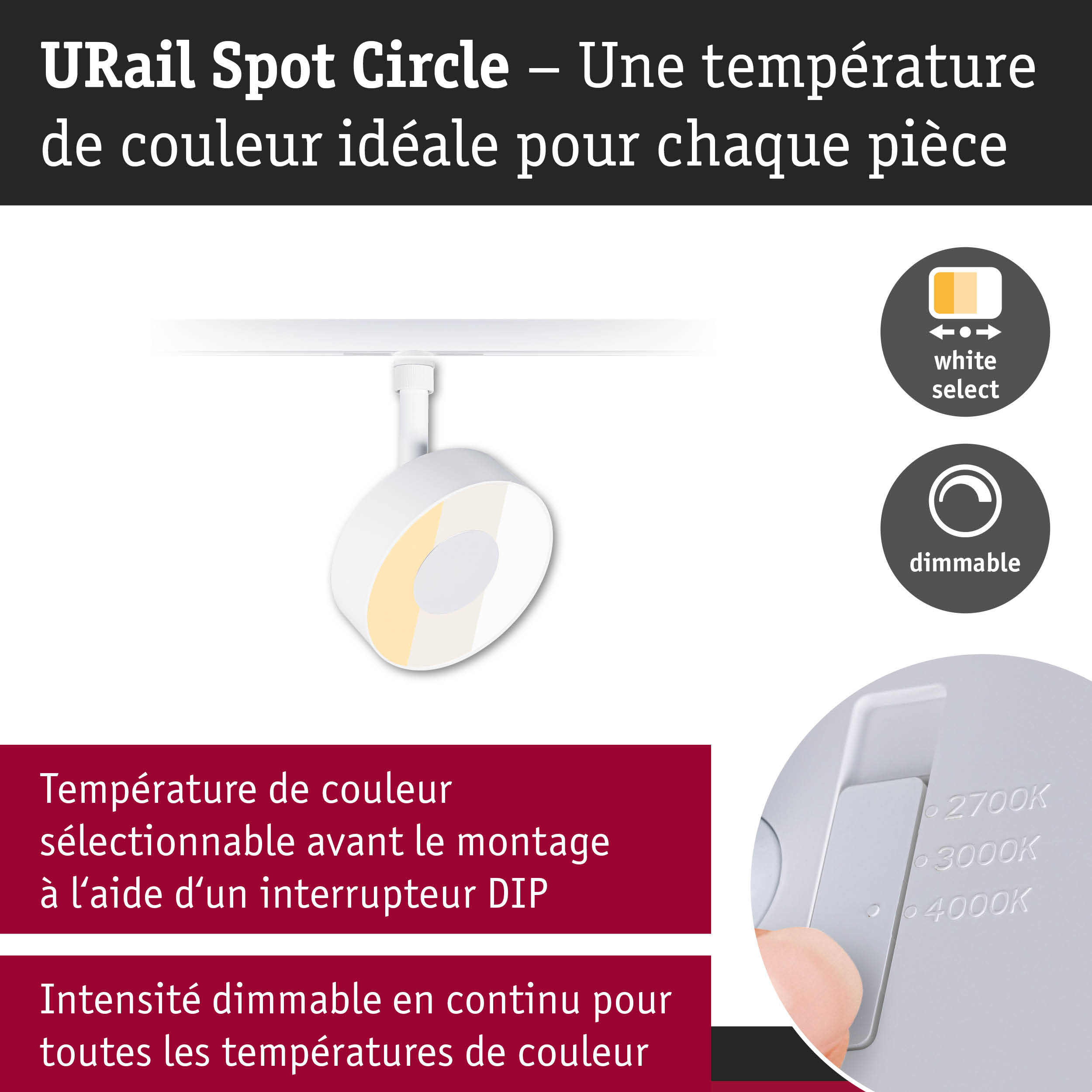 Spot LED URail Spot Circle blanc avec température de couleur réglable et intensité dimmable