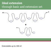 Modular LED lighting system with white spheres and black cable, extendable up to 100 m for flexible lighting