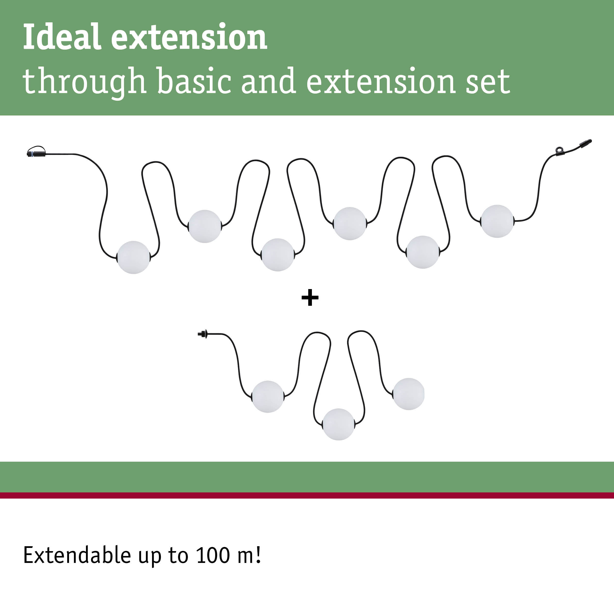 Modular LED lighting system with white spheres and black cable, extendable up to 100 m for flexible lighting