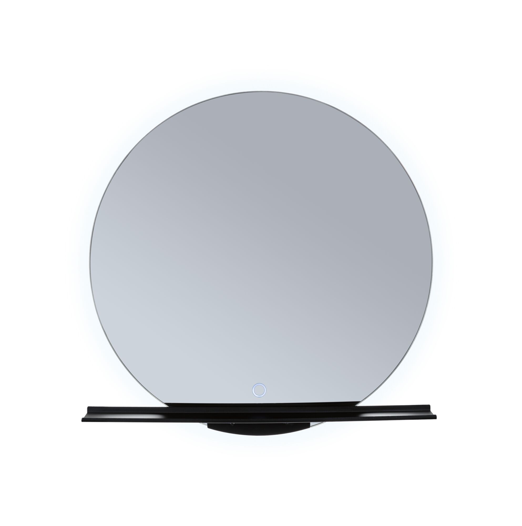 Round wall mirror with black shelf and LED lighting for modern bathroom design.