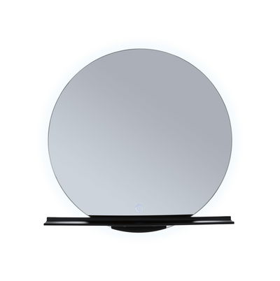 Round wall mirror with black shelf and LED lighting for modern bathroom design.