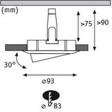 Technical drawing of a recessed spotlight with 93 mm diameter and 30-degree tilt made of aluminum.