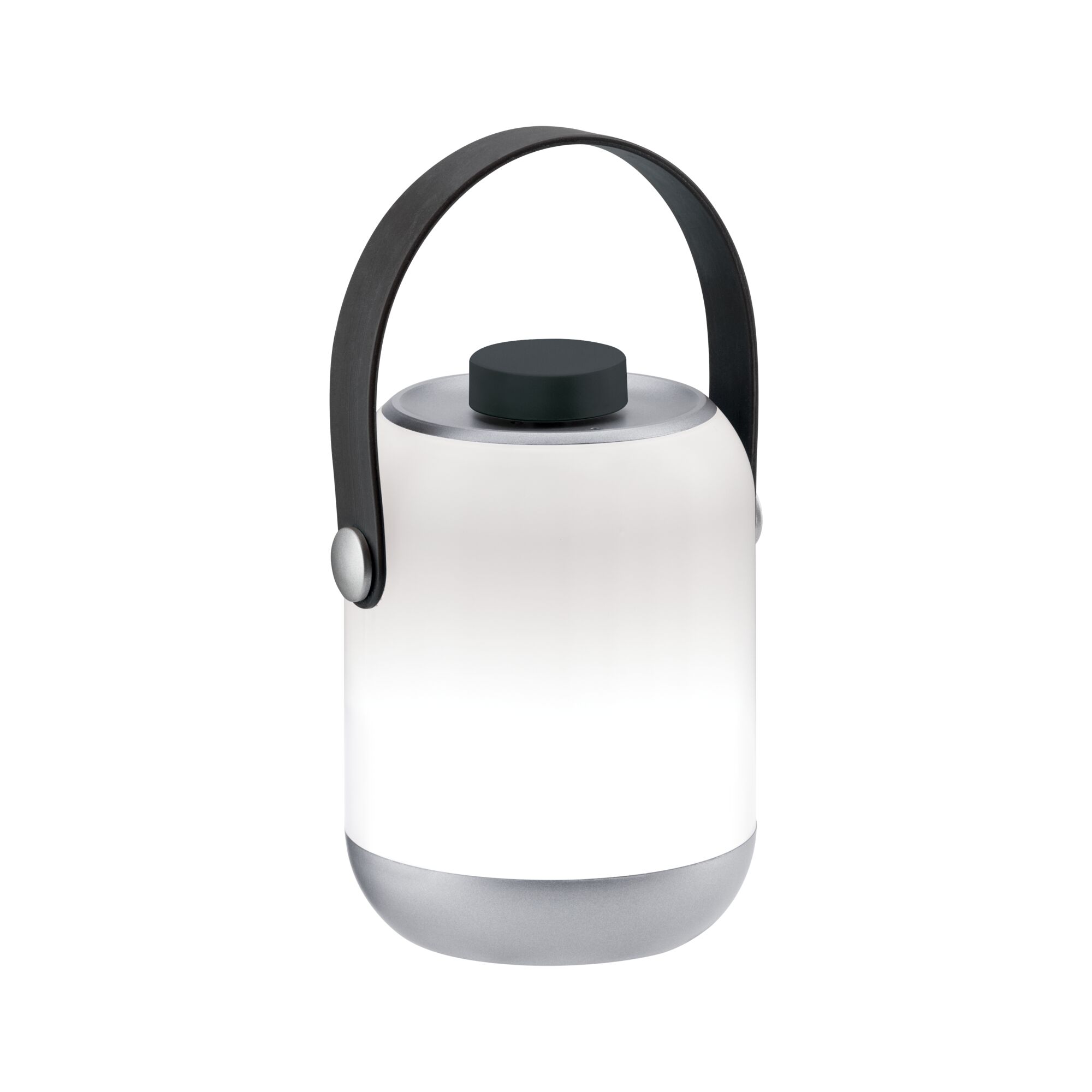 Moderne tragbare LED-Lampe in Weiß mit grauem Boden und schwarzem Griff für stimmungsvolle Beleuchtung