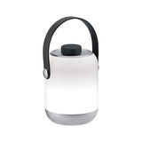 Moderne tragbare LED-Lampe in Weiß mit grauem Boden und schwarzem Griff für stimmungsvolle Beleuchtung