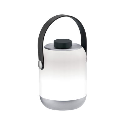 Modern portable LED lamp in white with grey base and black handle for ambient lighting
