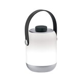 Moderne tragbare LED-Lampe in Weiß mit grauem Boden und schwarzem Griff für stimmungsvolle Beleuchtung