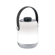 Lanterne LED blanche moderne avec poignée noire et base argentée pour éclairage d'ambiance