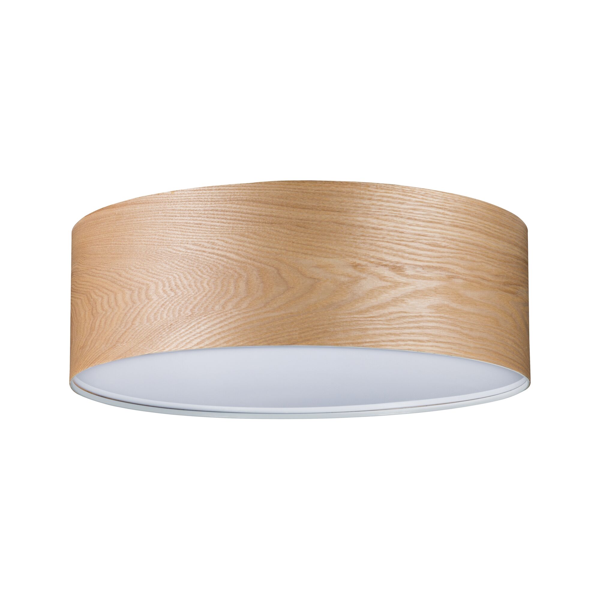 Round wooden ceiling light in natural color with white diffuser for warm ambient lighting