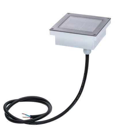 Square stainless steel recessed spotlight with black cable for outdoor lighting and garden use