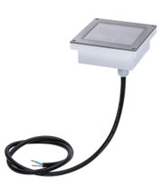 Square stainless steel recessed floor light with white plastic housing and black cable