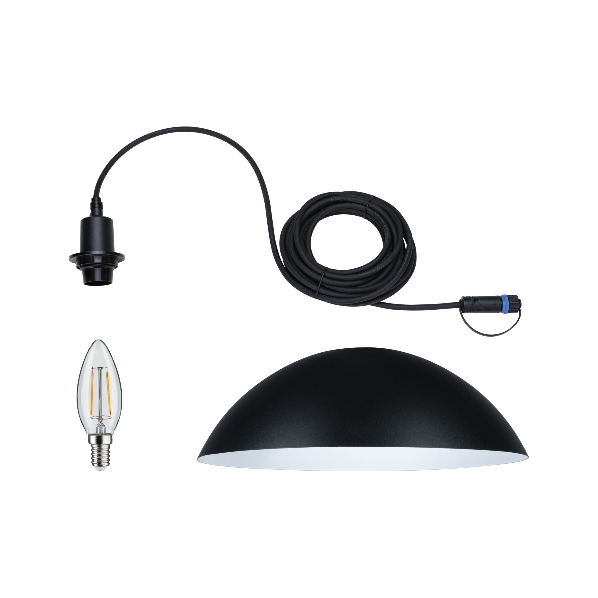 Black half-dome lamp with cable and LED bulb for modern indoor lighting solutions