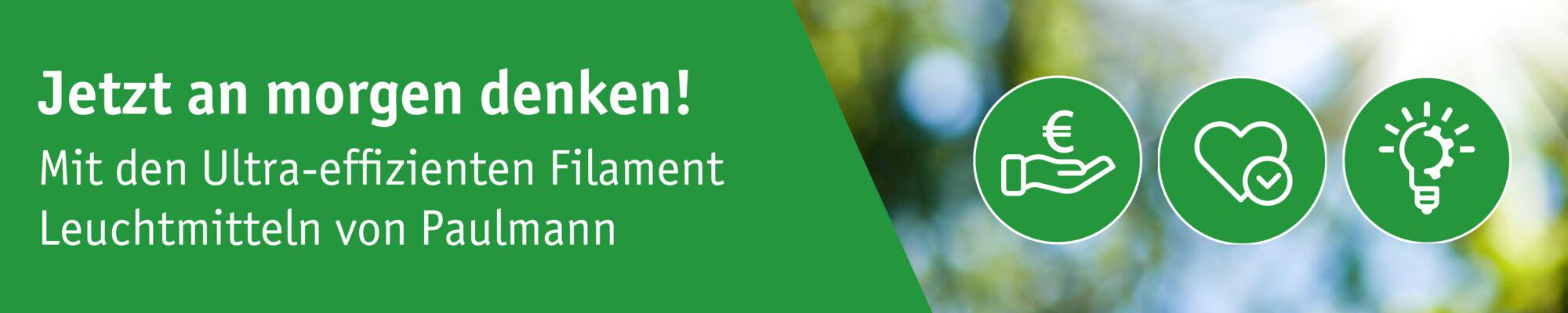 Grüner Banner mit Text zu ultra-effizienten Filament-Leuchtmitteln von Paulmann und Energiesparsymbolen