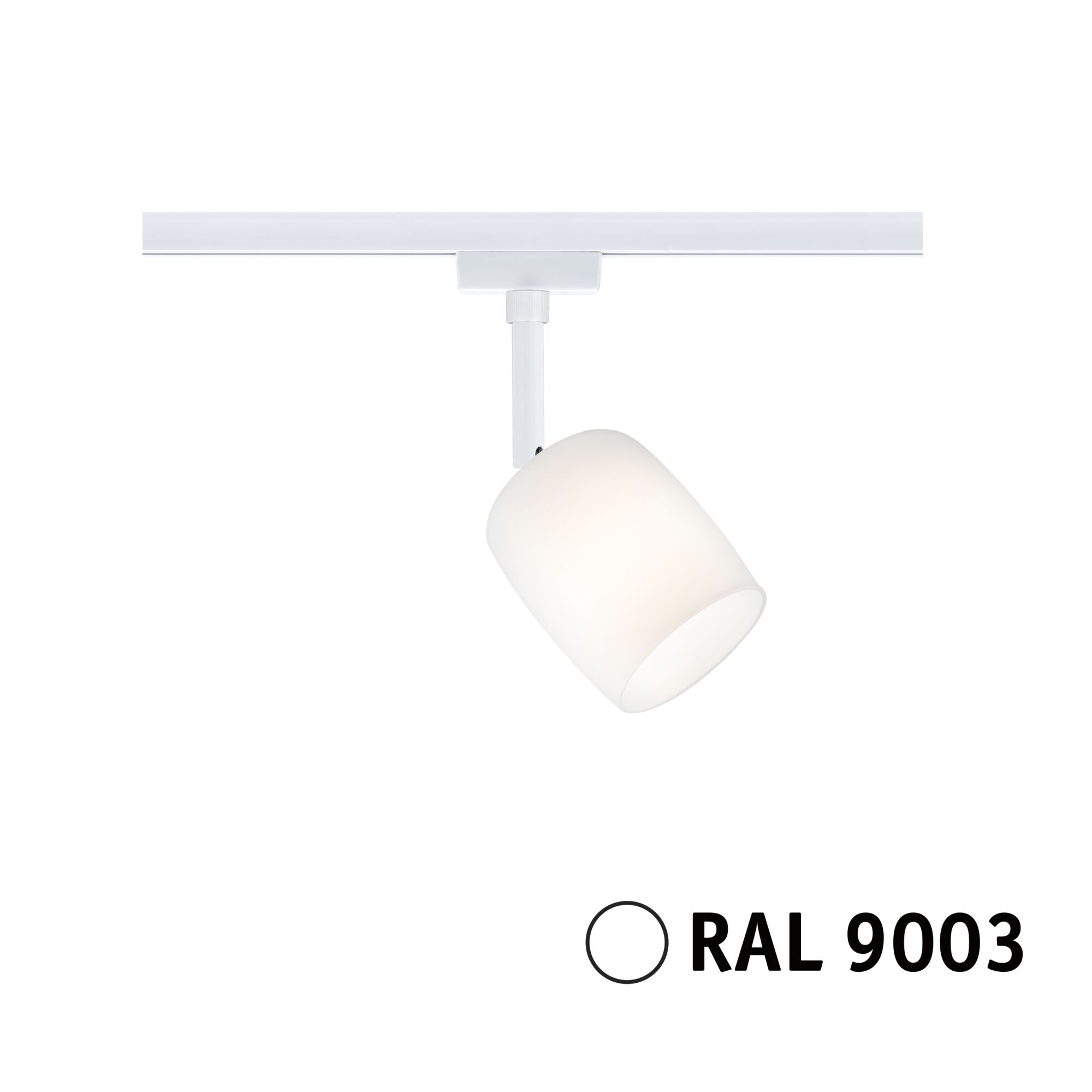 Modern white metal LED spotlight for track system in RAL 9003 color